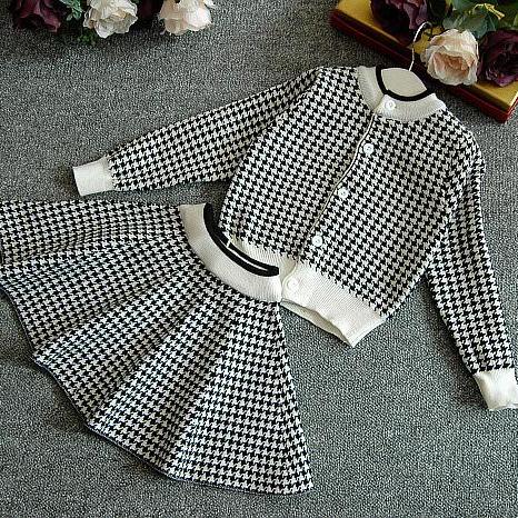 Autumn winter girls houndstooth knitted suit children's long-sleeved sweater cardigan skirt