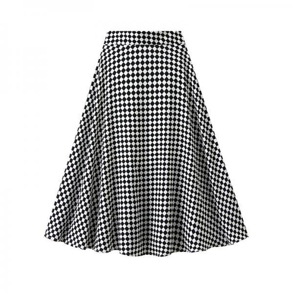 Vintage Women Plaid Skirt Autumn High Waist A-Line Mid-Calf Long Skirts 