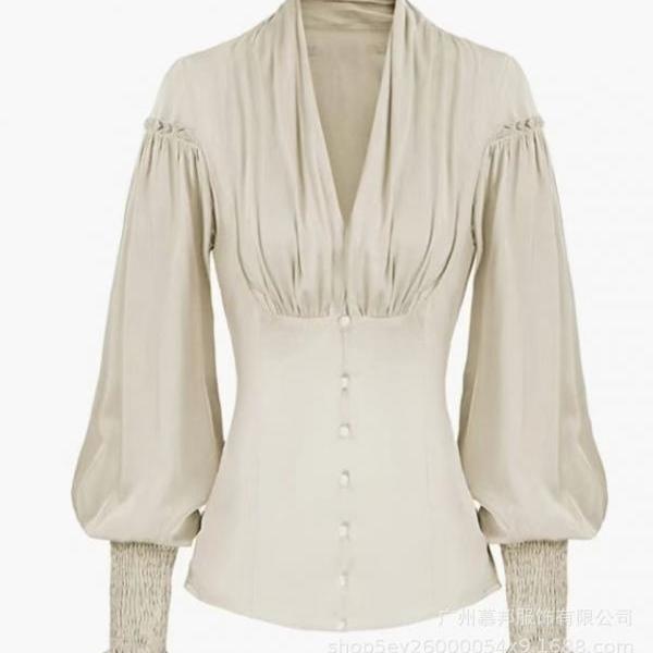 Women Victorian Long Sleeve Shirt Retro Pleated solid Shirt