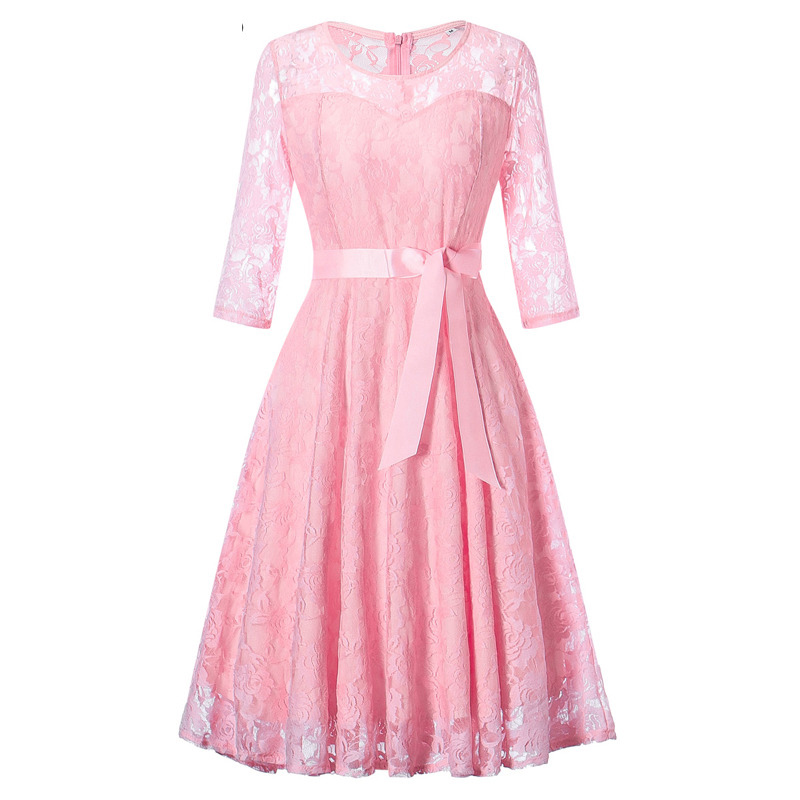 Women Floral Lace Dress 3/4 Sleeve Belted Elegant Evening Retro Swing Office Party Dress Pink on