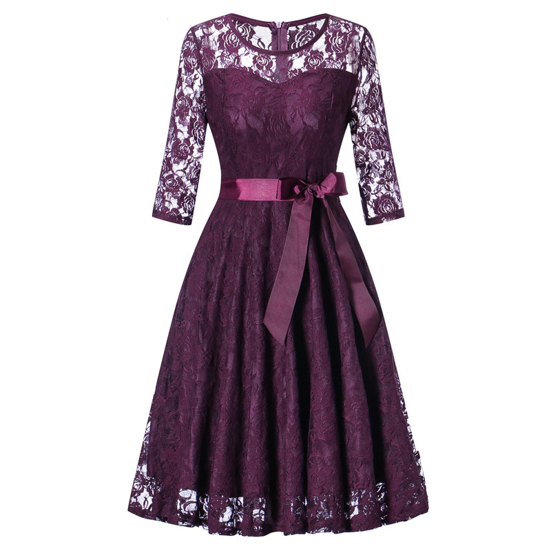 Women Floral Lace Dress 3/4 Sleeve Belted Elegant Evening Retro Swing ...