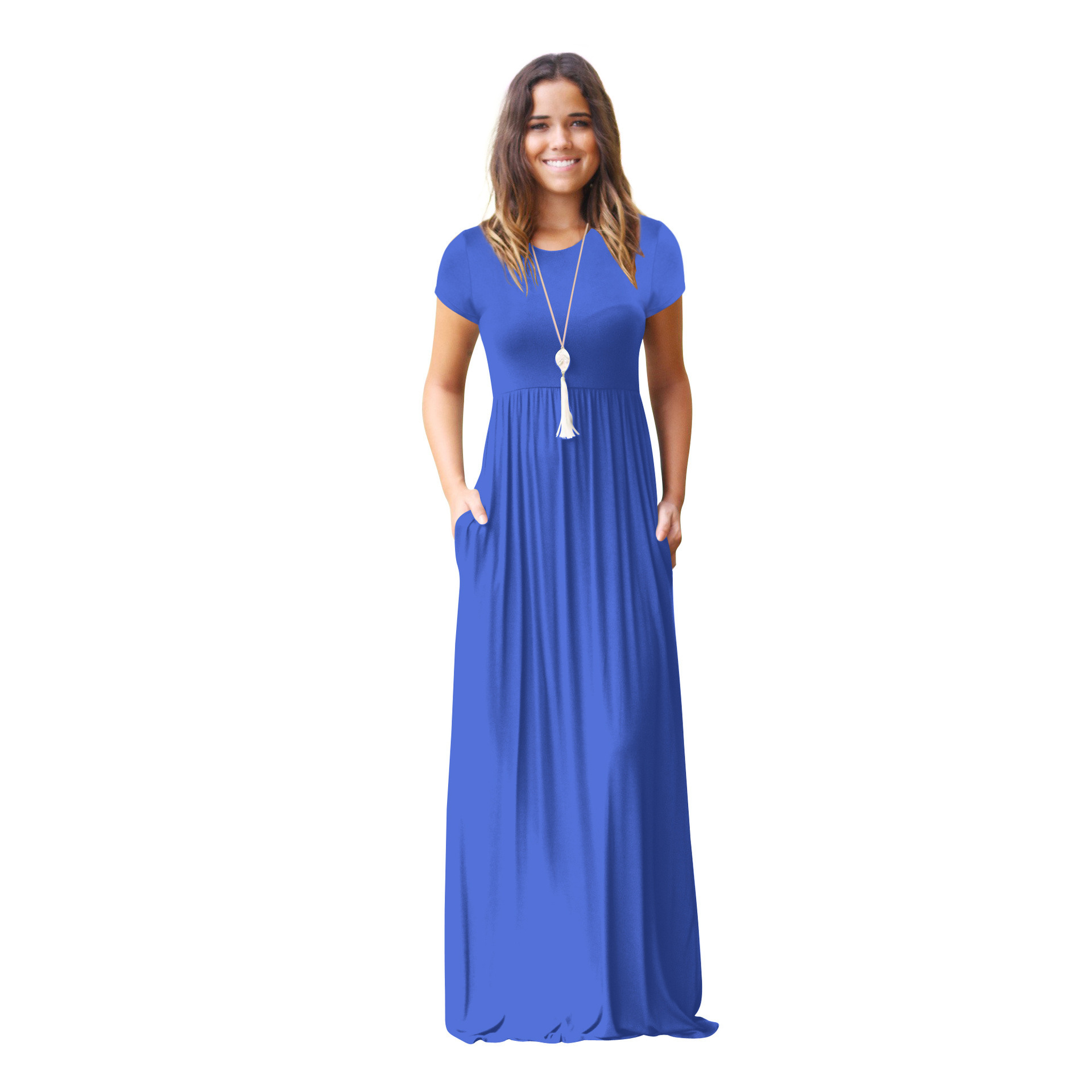 Women Maxi Long Dress Short Sleeve O Neck Solid Slim Pockets Spring Casual Party Dress Blue on
