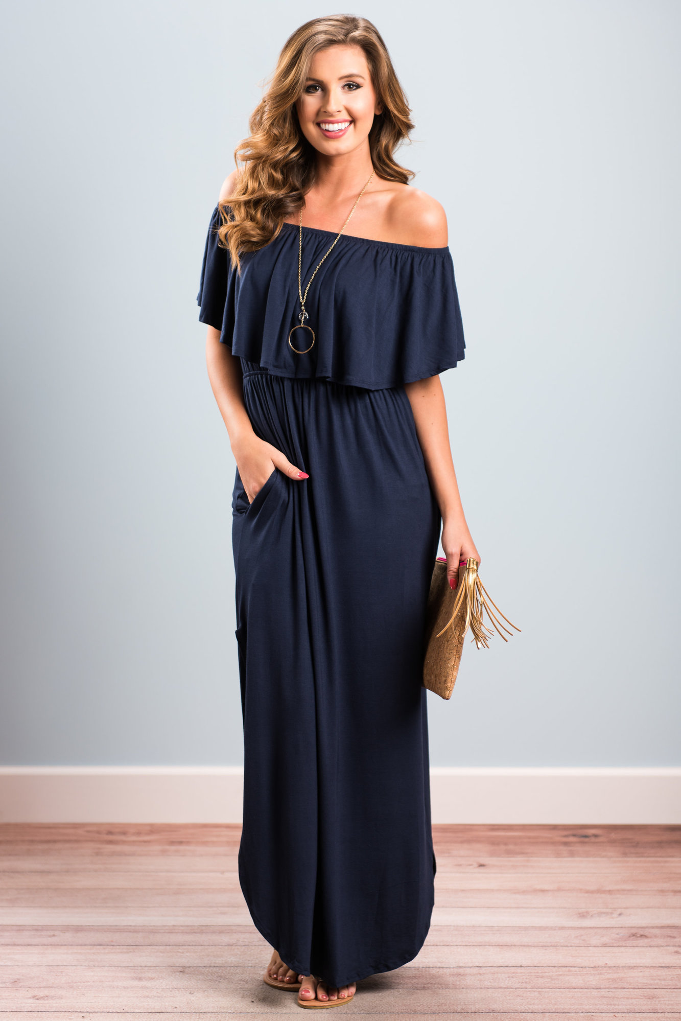 Navy Blue Off-the-Shoulder Ruffle ...