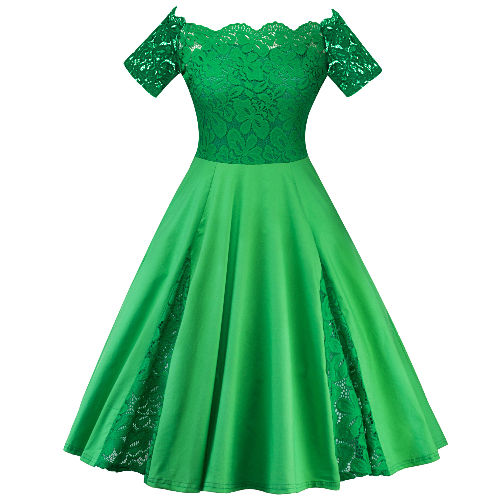 Off The Shoulder Women Dress Plus Size Lace Patchwork Short Sleeve Cocktail Party Dress Green On 8169