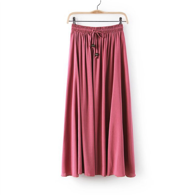 Women Maxi Skirt Summer Fashion Solid Casual Drawstring Elastic Waist Long Pleated Skirt Blush