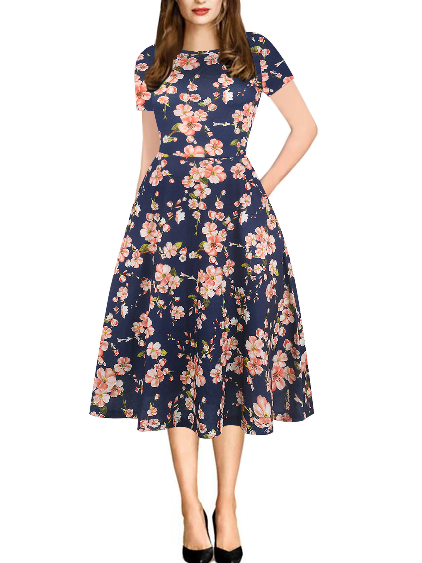 Women Floral Printed Slim Dress Vintage Short Sleeve Knee Length A Line Rockabilly Casual Party Dres On Luulla