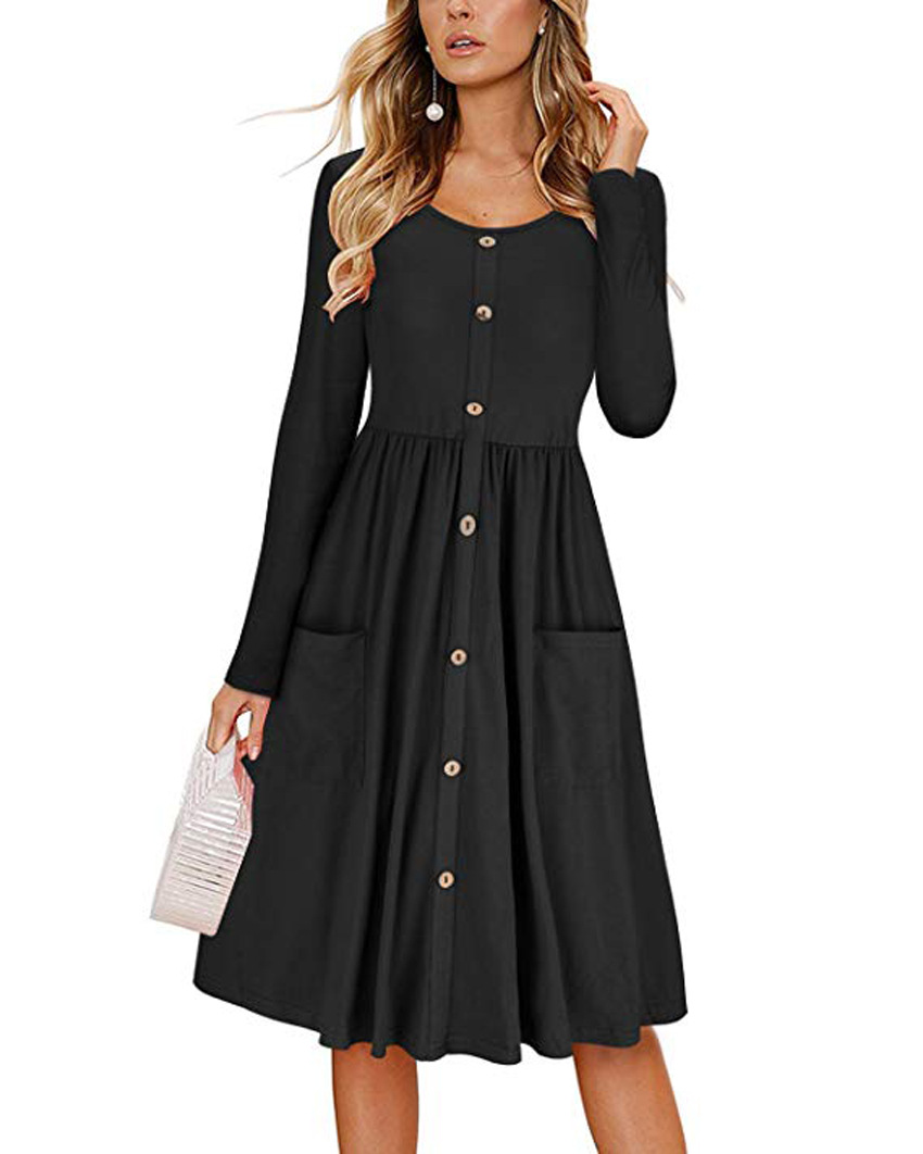 Women Casual Dress Autumn Button Long Sleeve Pockets Slim A Line Work
