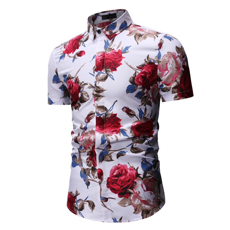 Men Floral Printed Shirt Summer Beach Short Sleeve Hawaiian Holiday Vacation Casual Slim Fit