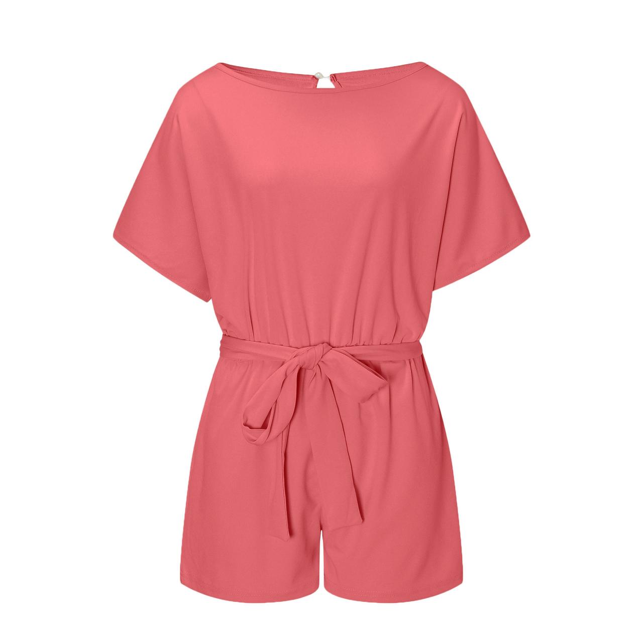 Women Jumpsuit Summer Short Sleeve Belted Casual Shorts Rompers ...