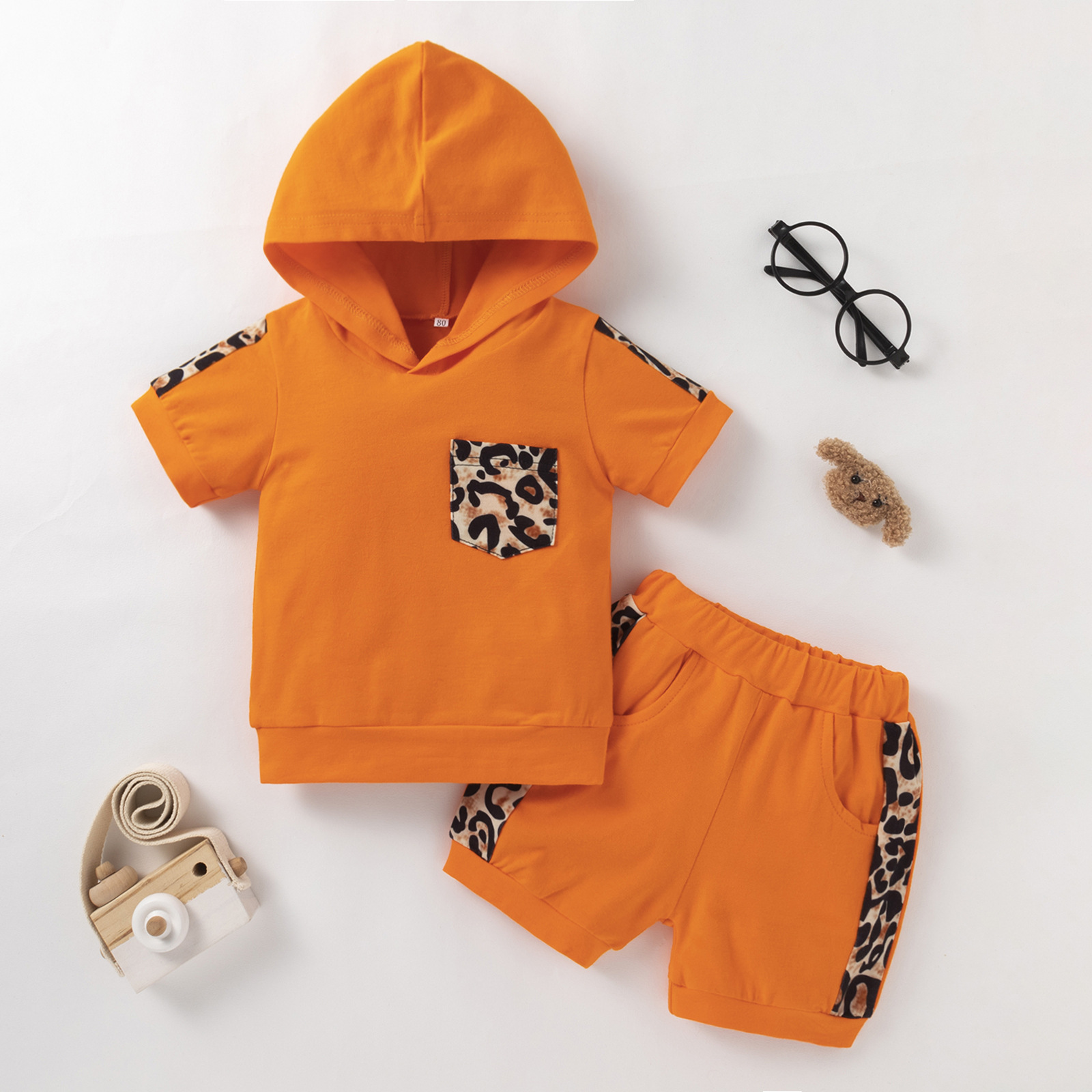 Summer Baby Boy Leopard Pattern Stitching Hooded Orange Children Suit